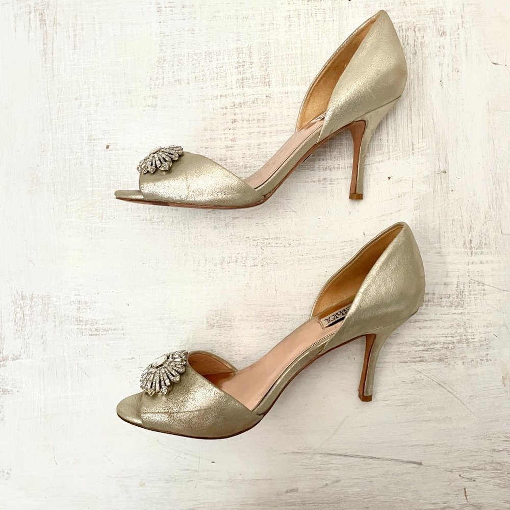 Badgley Mischka Champagne D'Orsay Peep Toe Heels with Rhinestones Size 8 - Picture 6 of 13